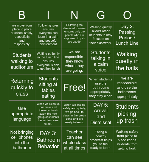 LGAM The First 15 Days of School (Day 5) Bingo Card