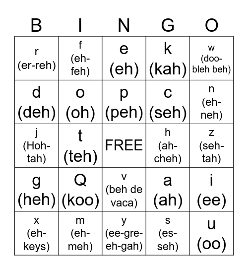 Spanish Alphabet Bingo Card