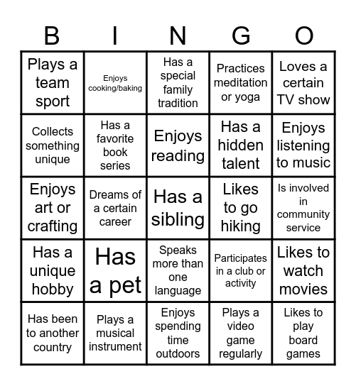 Introduction Bingo Card