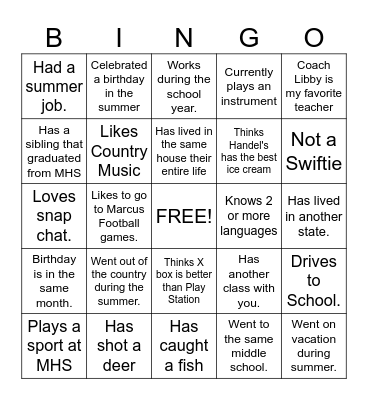 Coach Libby's first day of school Bingo Card