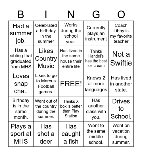 Coach Libby's first day of school Bingo Card