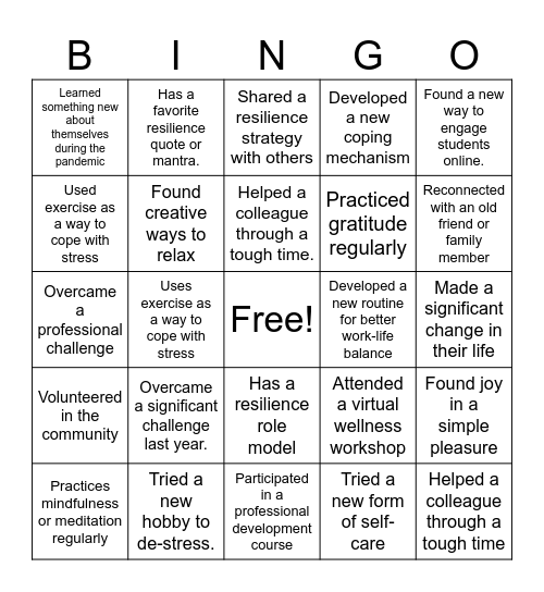 UNC Charlotte School of Social Work Resisilent Bingo Card