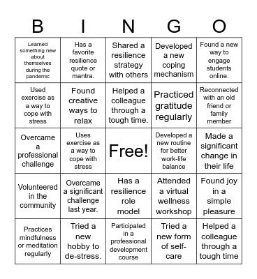 UNC Charlotte School of Social Work Resilient Bingo Card