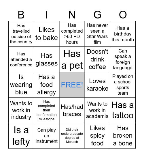 MNHS GR Networking 101 Bingo Card