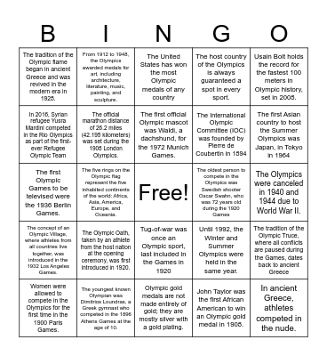 Olympics Bingo Card