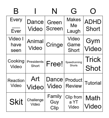 YT Shorts Bingo Card