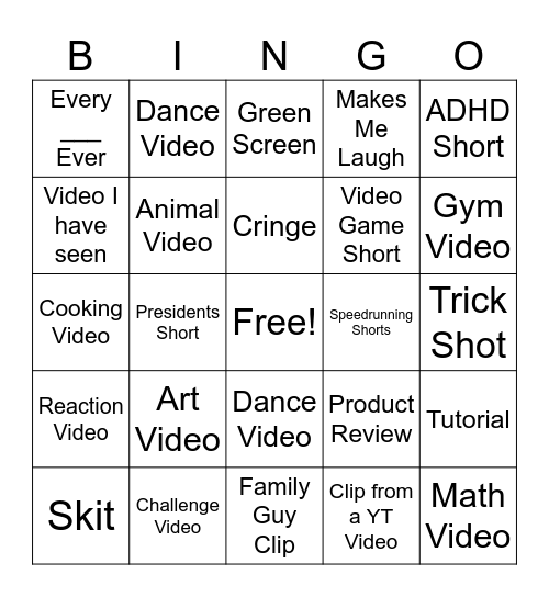 YT Shorts Bingo Card