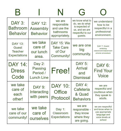 LGAM The First 15 Days of School (All) Bingo Card