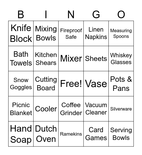 Bridal Gift Bingo Card