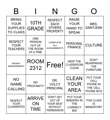 Mrs. SaintJean's Bingo Card