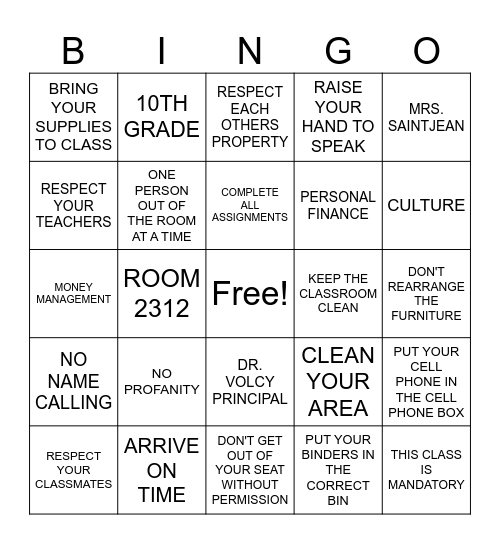 Mrs. SaintJean's Bingo Card