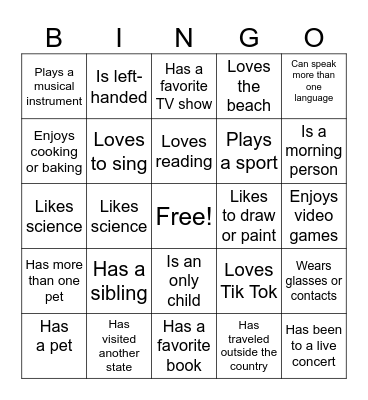 First Day Bingo Card