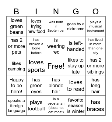 Classmate Bingo Card