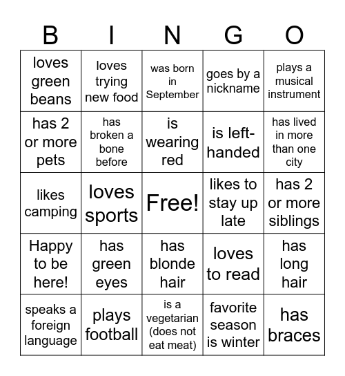 Classmate Bingo Card