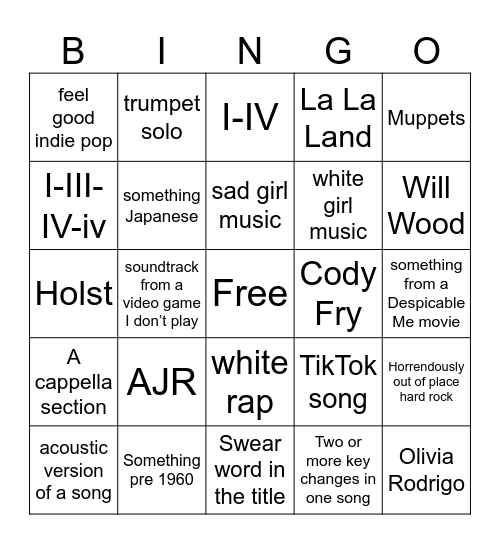 Bingo: Ben Yancey’s Playlist Edition Bingo Card