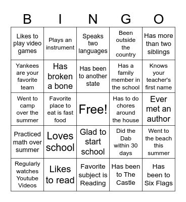 First Day of School Bingo Card