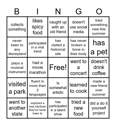 Get to know you Bingo Card