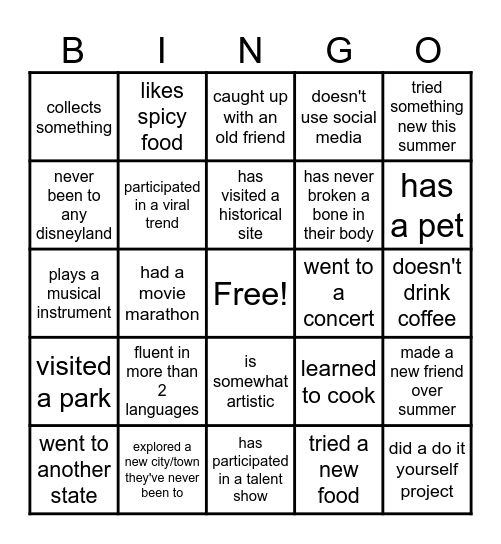 Get to know you Bingo Card