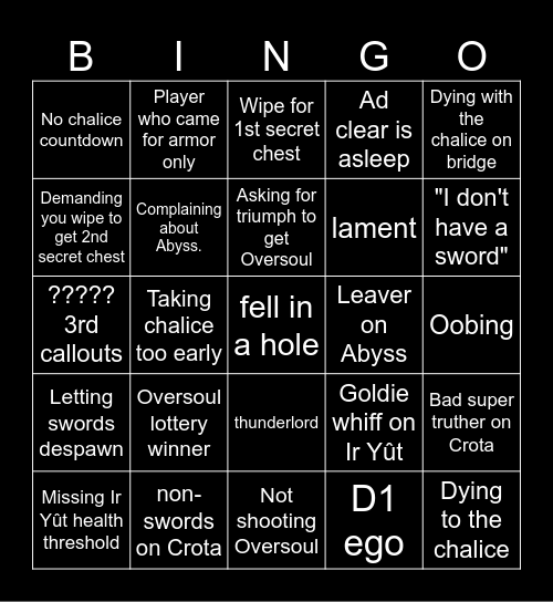 Crota's End Bingo Card