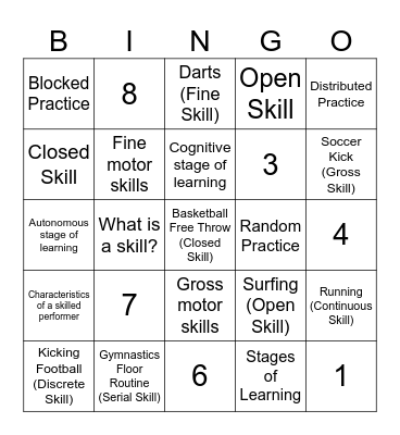 Skill Aquisition Bingo Card