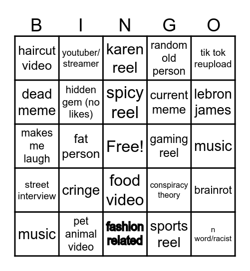 Instagram reel bingo Card