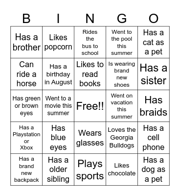 Back to School Bingo Card