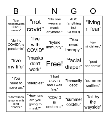 COVID Minimizer Phrases Bingo Card