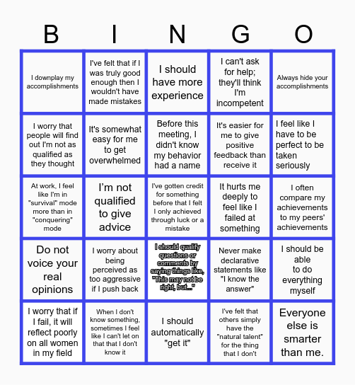 Imposter Syndrome Bingo Card