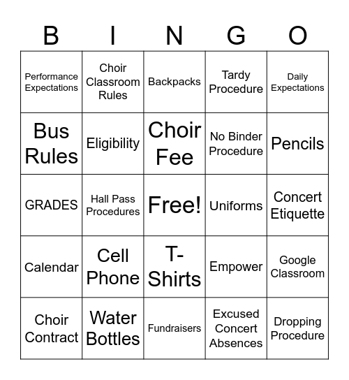 The Choir Handbook and Procedures Bingo Card