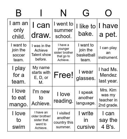 4th Grade All About Me!! Bingo Card