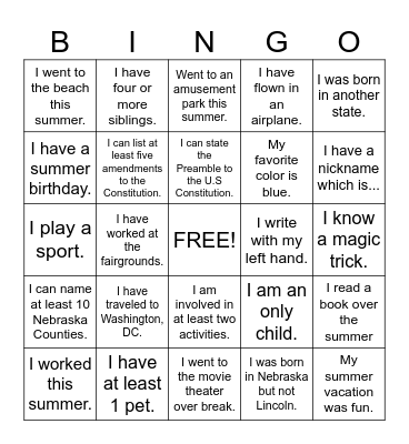 Back to School Bingo Card