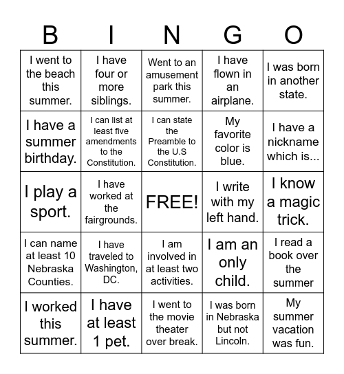 Back to School Bingo Card