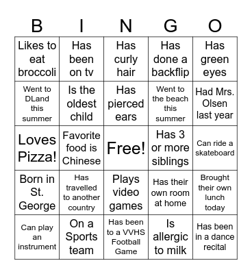 First Day of School Bingo Card