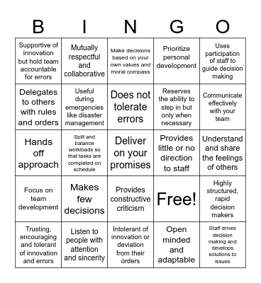 Leadership Style Bingo Card