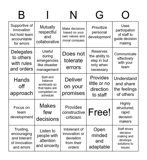 Leadership Style Bingo Card