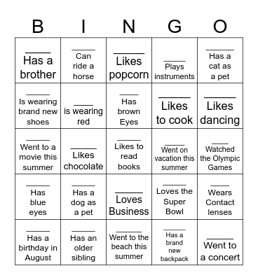 Back to School Bingo Card