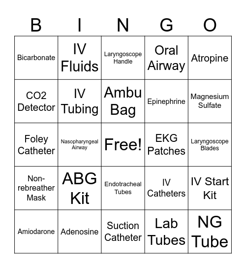 Crash Cart Scavenger Hunt Bingo Card