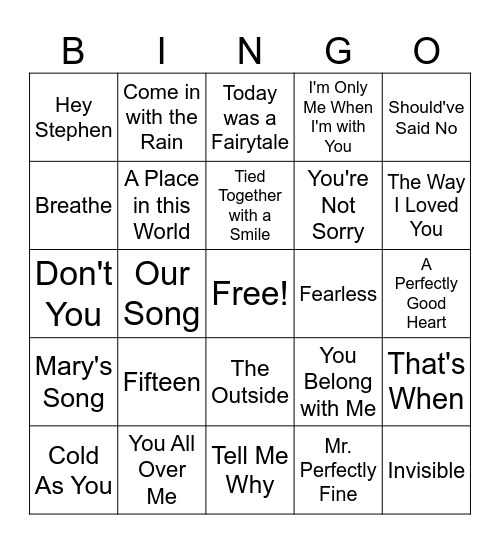 Taylor Swift Debut and Fearless Bingo Card