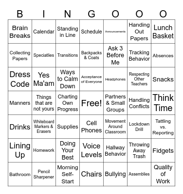 Ms. Reeves 6th Grade Class Procedures Bingo Card