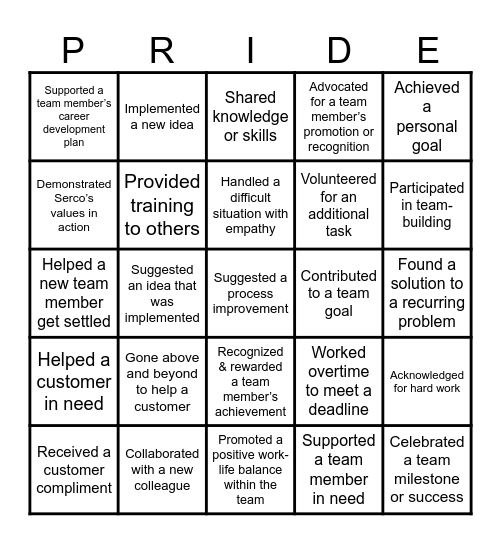 Serco & Proud! Bingo Card