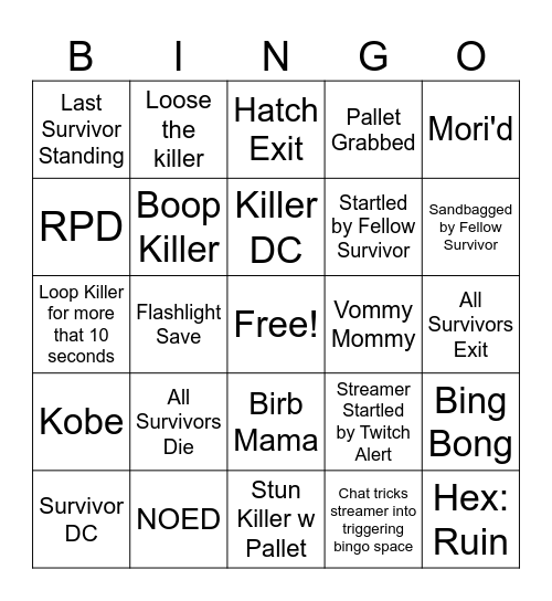 Dead by Daylight Bingo Card