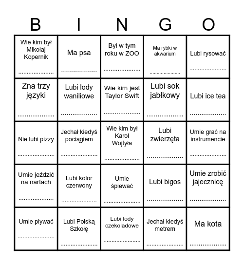 Znajdź kogoś, kto..... Bingo Card