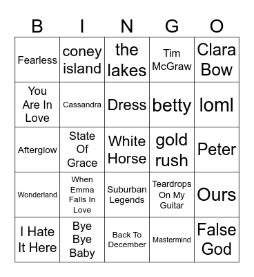 TAYLOR SWIFT BINGO Card