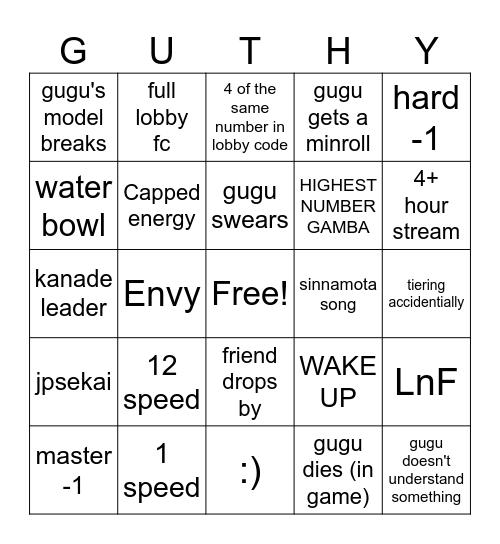 Gugu's scuffed bingo Card