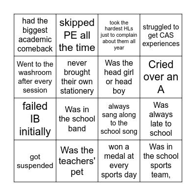 School Memory Bingo Card