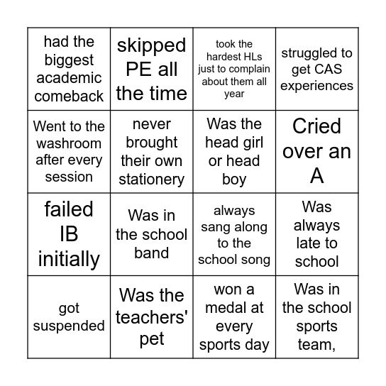 School Memory Bingo Card