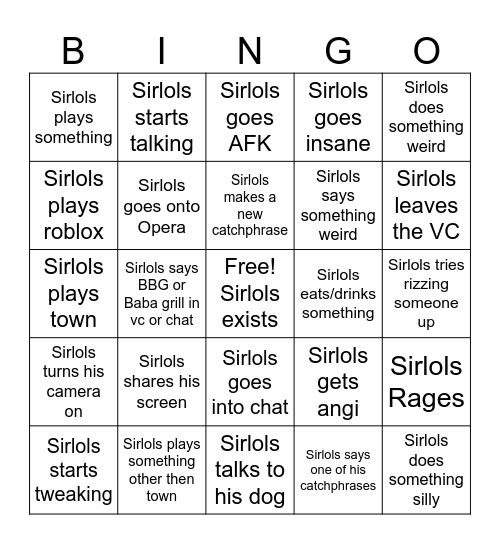 Sirngo Bingo Card