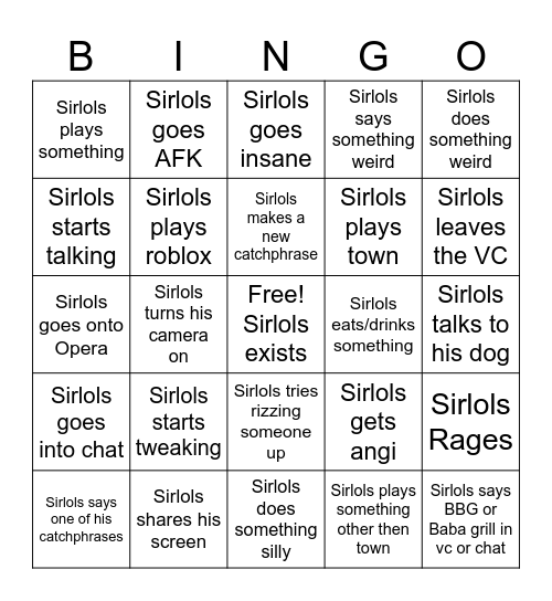 Sirngo Bingo Card