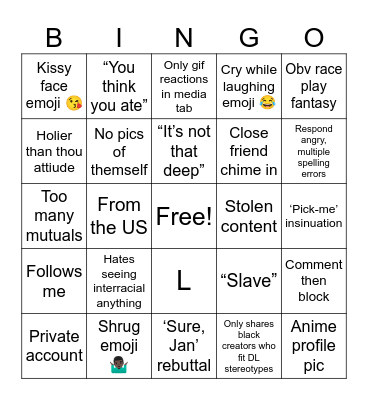 Spite Bingo Card