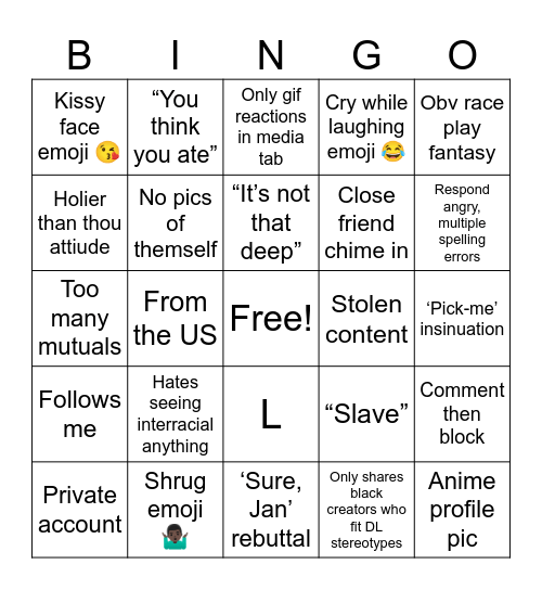 Spite Bingo Card